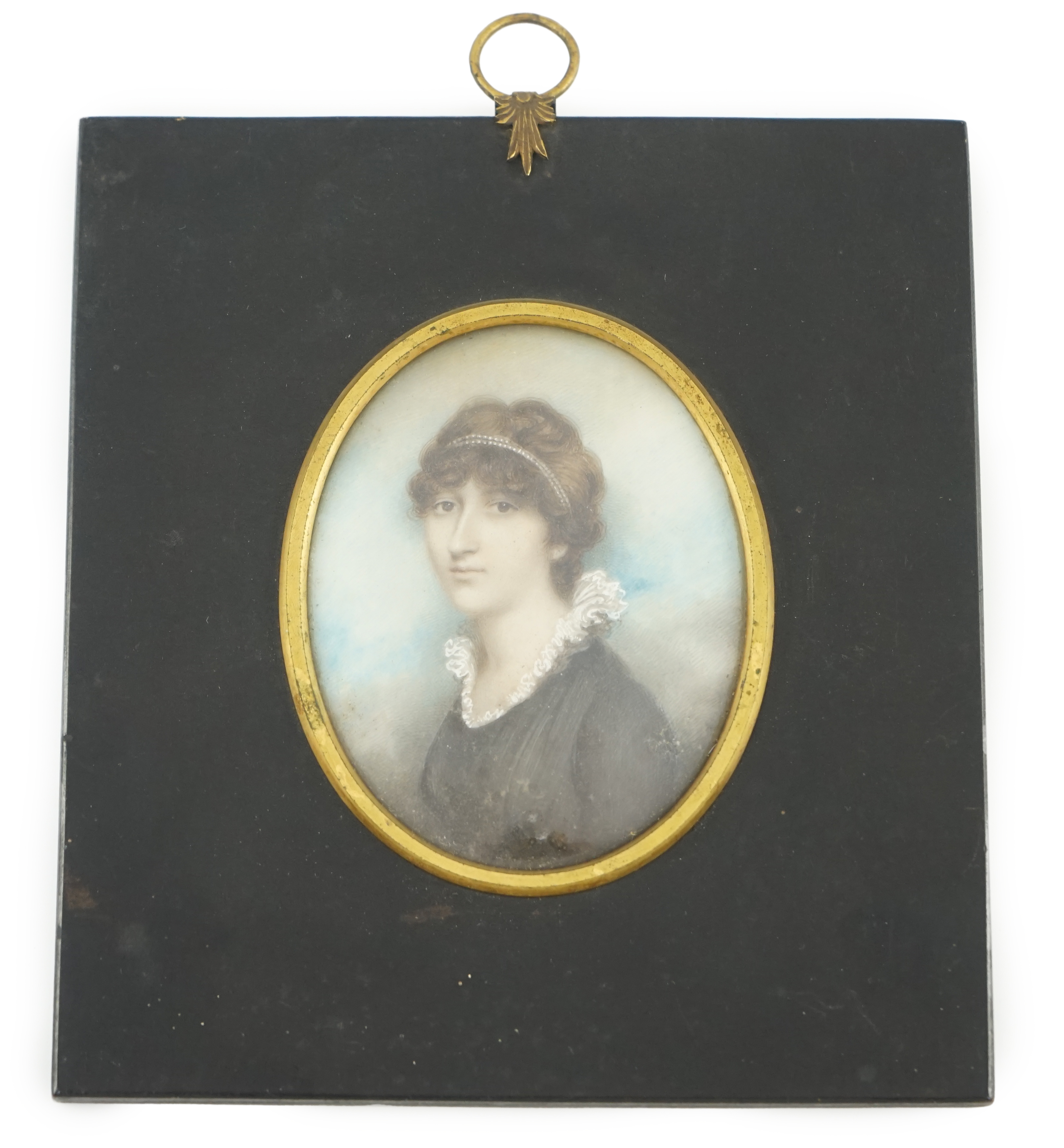 Andrew Plimer (1763-1837), Portrait miniature of a young lady, watercolour on ivory, 7.8 x 6cm. CITES Submission reference 8UB64CXM